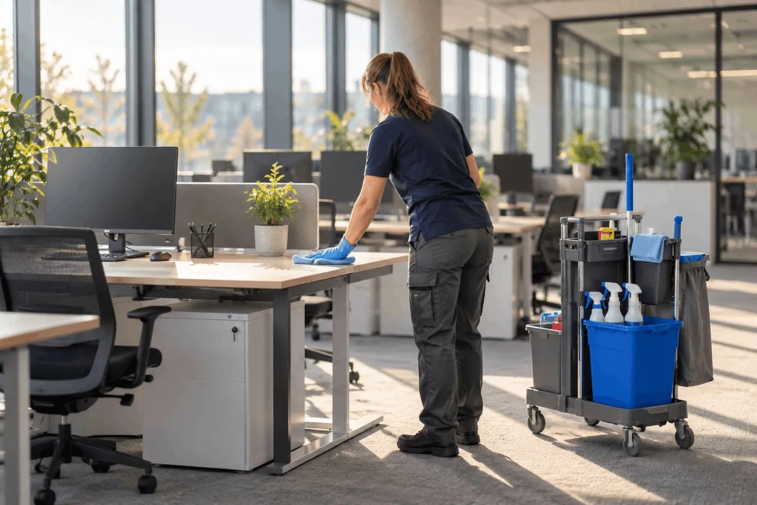 Une intervenante Ten-Net nettoie un bureau dans un open space lumineux, chariot de ménage à côté
