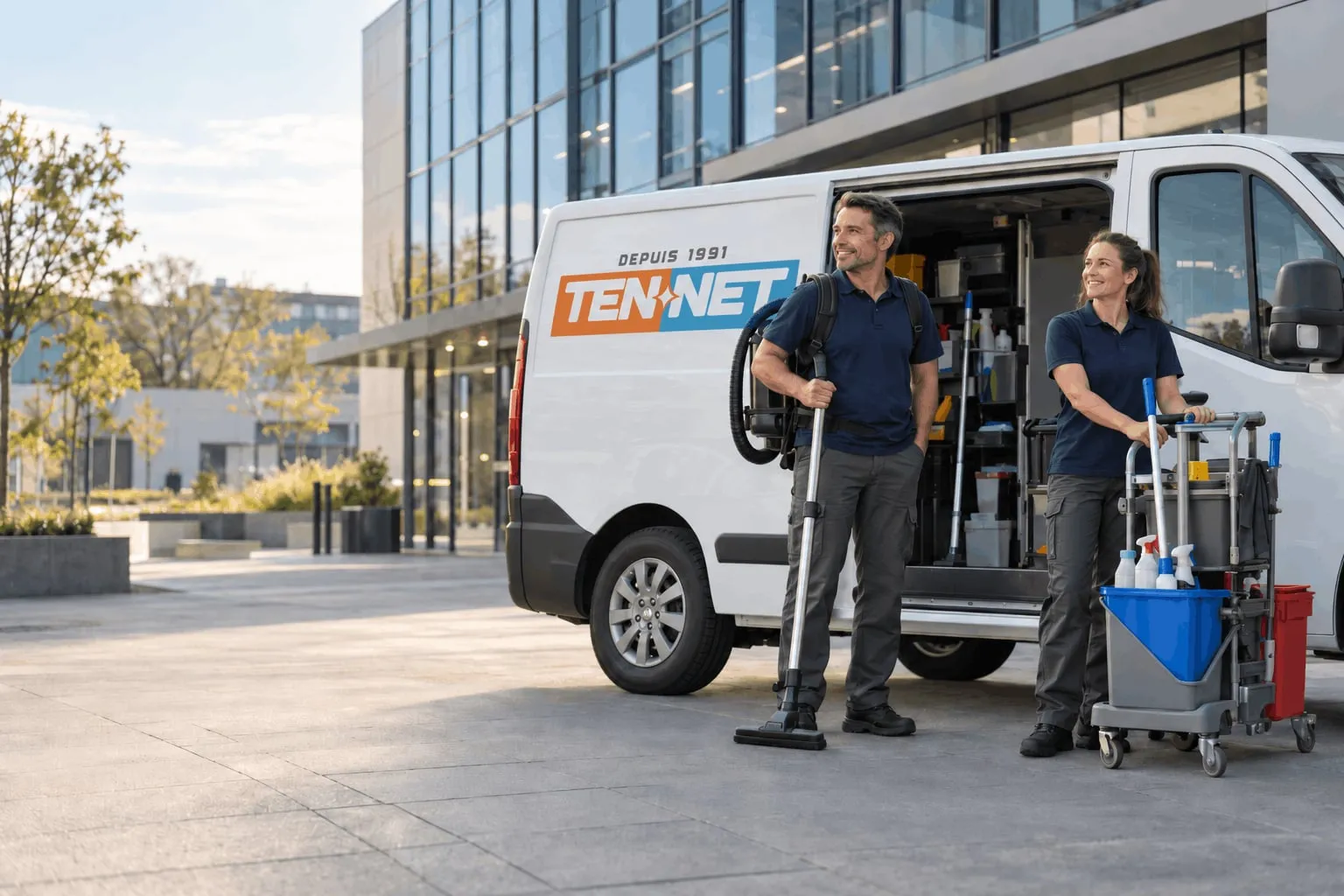 Deux intervenants Ten-Net en tenue devant le camion de l’entreprise, porte ouverte sur le matériel, devant un immeuble de bureaux