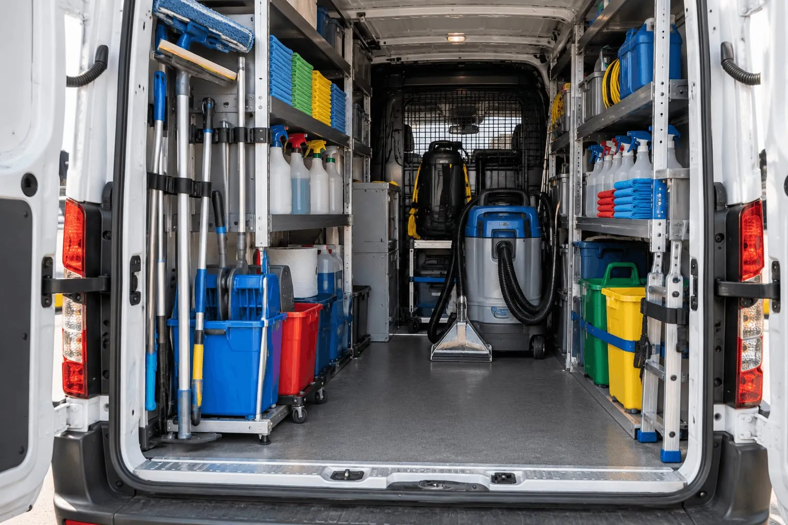 L’intérieur du camion Ten-Net : produits d’entretien, seaux, balais et aspirateurs professionnels rangés sur des étagères