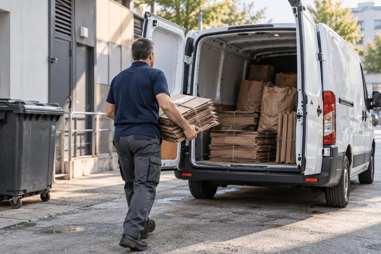 Un intervenant Ten-Net charge des cartons pliés dans le camion de l’entreprise