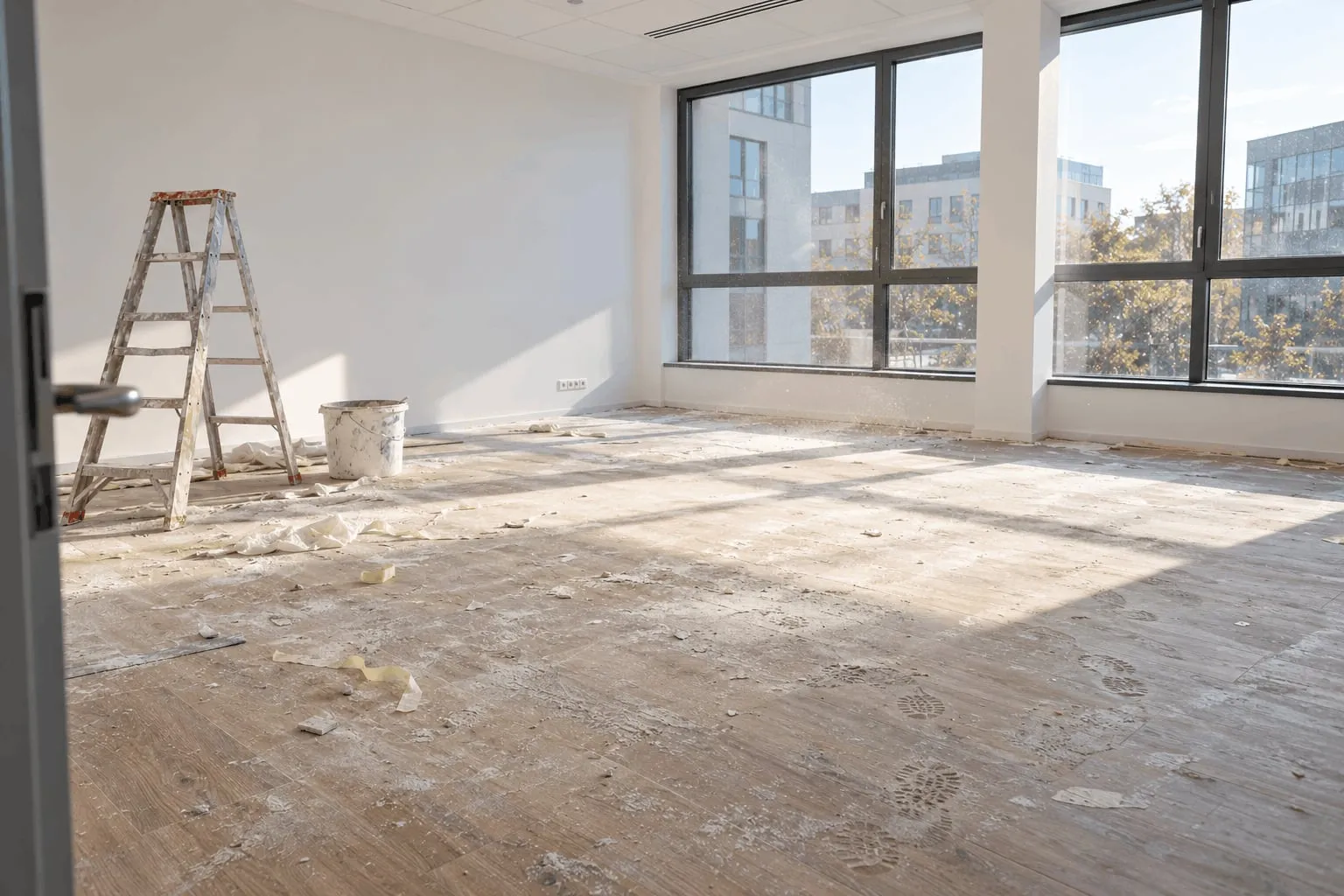 Avant : local professionnel juste après les travaux, sol couvert de poussière et de débris, escabeau et seau oubliés