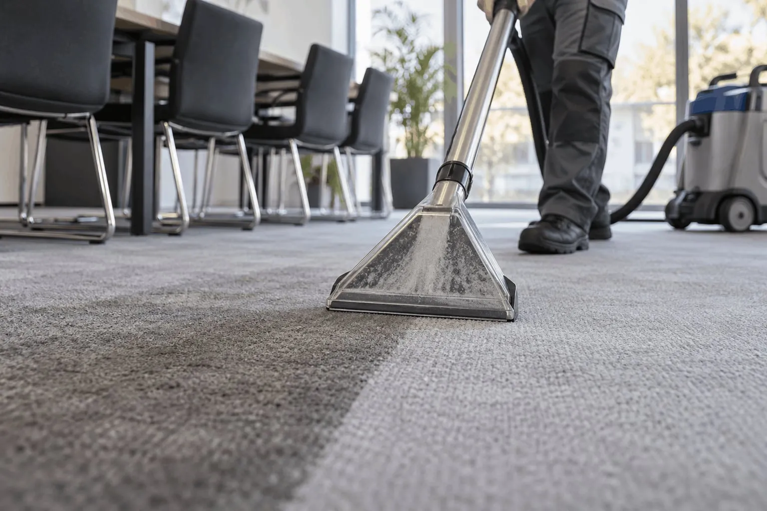 Shampooing d’une moquette de salle de réunion avec une machine d’injection-extraction